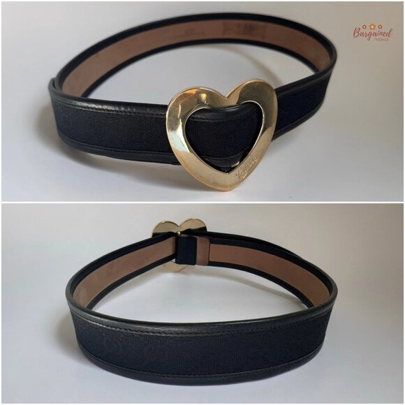 Authentic Gucci Black Monogram Canvas Leather Gold Heart Buckle Belt Size 75/30 - Picture 5 of 13
